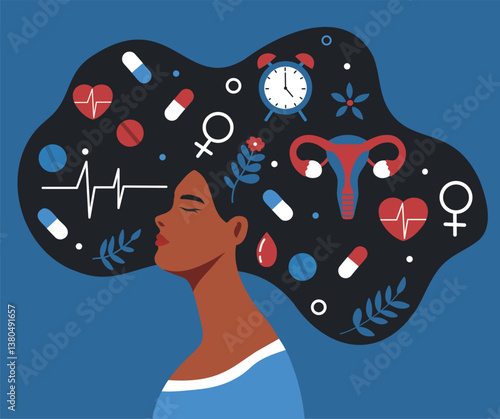 International Women's Health Day. Vector illustration of a woman with health related symbols integrated into her hair representing aspects of health including heartbeat, medication, uterus, clock