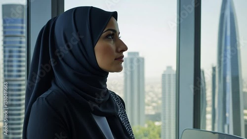 Portrait of a confident Muslim businesswoman in hijab overlooking the Dubai cityscape