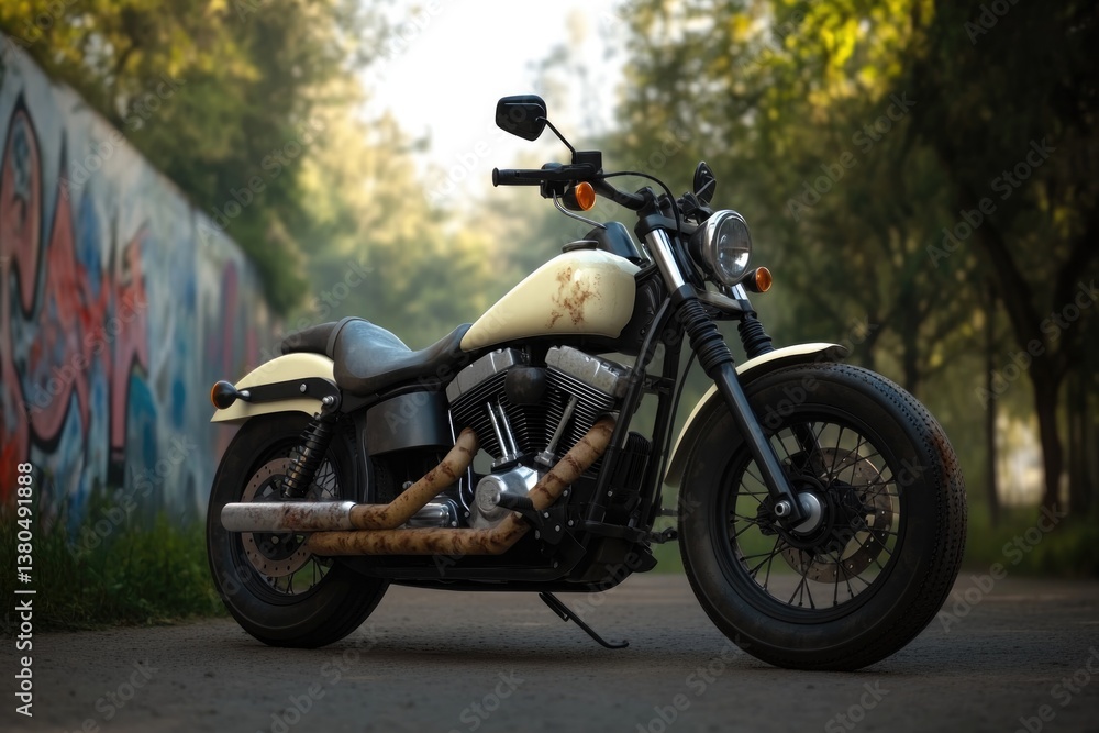 Classic motorcycle positioned on quiet street adorned with vibra Classic motorcycle positioned on quiet street adorned with vibra