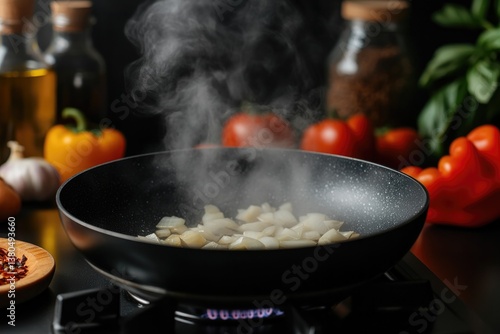 Sizzling onions release steam in hot pan surrounded by fresh ing
