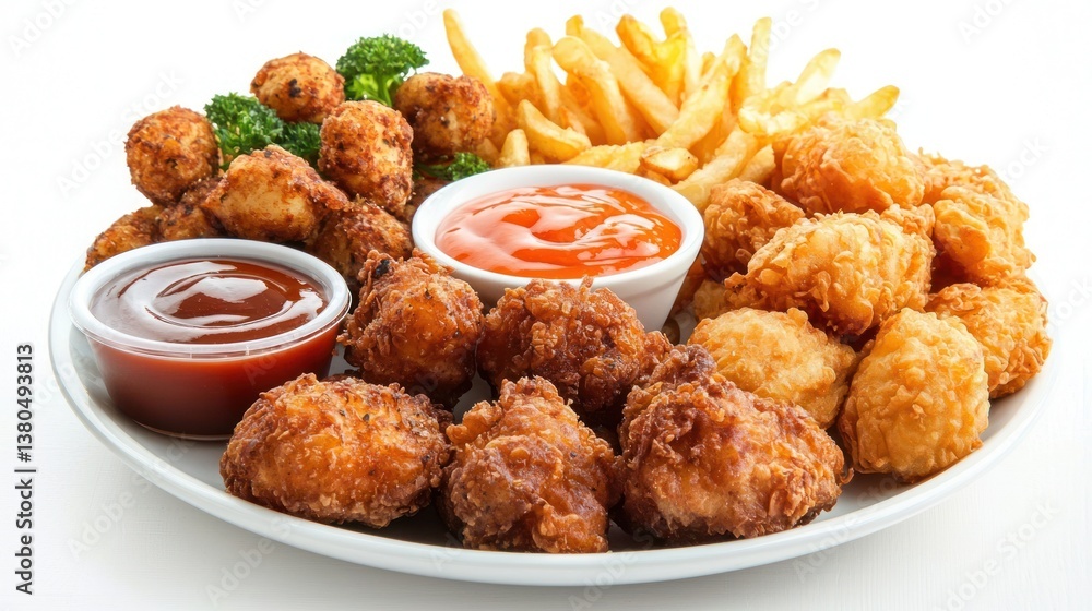 Golden-brown deep-fried items arranged on a plate with dipping sauce. Golden-brown deep-fried items arranged on a plate with dipping sauce.