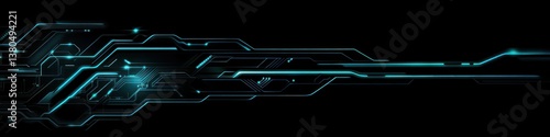 A midnight black background with glowing cyan lines on the left, highlighting the complex structure of circuit patterns and tech-inspired geometric shapes