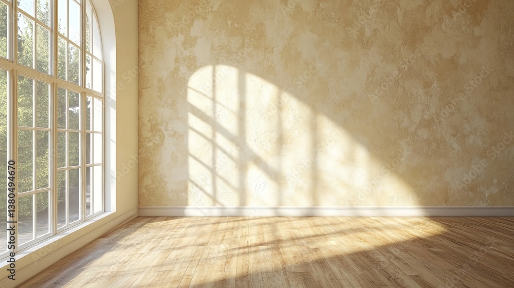 Obraz premium Soft Cream-Brushed Stucco Wall with Natural Light and Wooden Floor