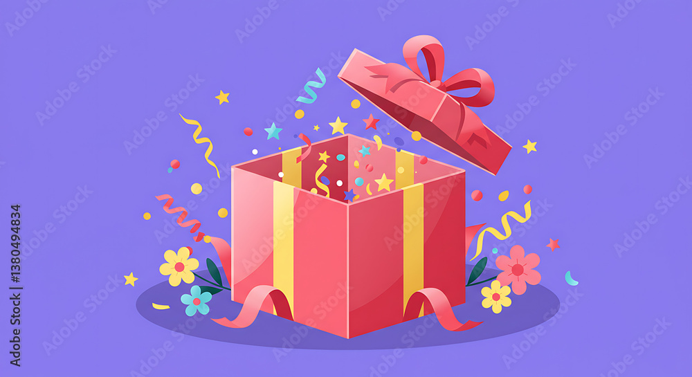 Obraz premium Colorful gift box overflowing with confetti and flowers 