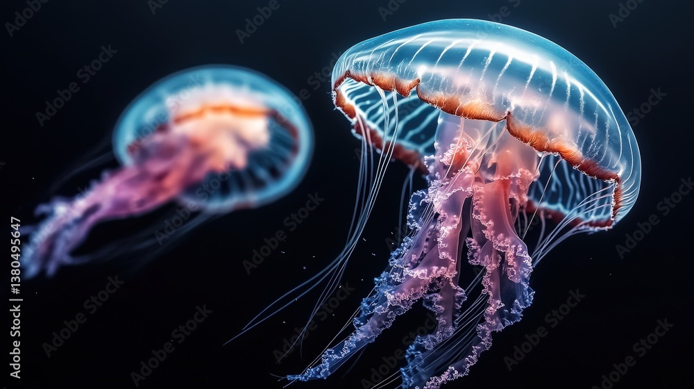 A stunning capture of jellyfish gliding gracefully through dark ocean waters, showcasing their luminous bodies and delicate tentacles in an enchanting underwater world. A stunning capture of jellyfish gliding gracefully through dark ocean waters, showcasing their luminous bodies and delicate tentacles in an enchanting underwater world.