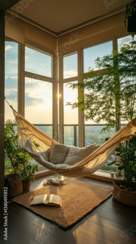 Cozy indoor hammock by large windows with sunlight, surrounded by plants and book on woven rug.