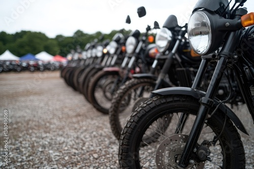 Row of motorcycles lined up, showcasing unique designs and robus