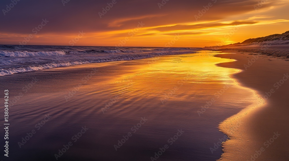 tranquil beach at sunset, golden hues reflecting onrippling wet sand, waves gently rolling ontoshore,sky blending deep oranges, purples, and pinks, shimmering reflections stretching acrosstide tranquil beach at sunset, golden hues reflecting onrippling wet sand, waves gently rolling ontoshore,sky blending deep oranges, purples, and pinks, shimmering reflections stretching acrosstide