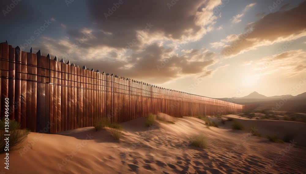 3D illustration of the Mexico–United States border wall in a desert landscape with a cloudy sky 3D illustration of the Mexico–United States border wall in a desert landscape with a cloudy sky