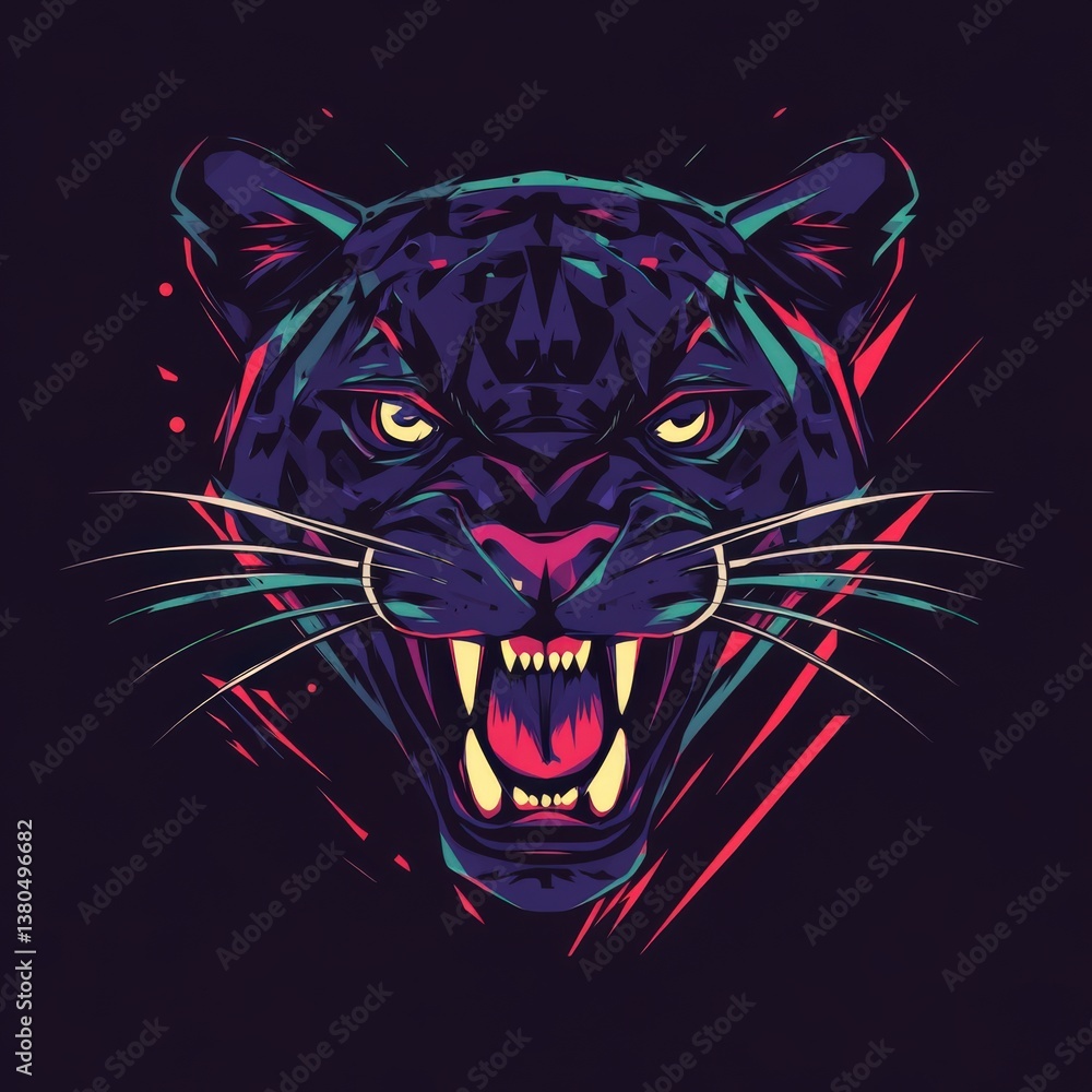 Illustrated Black Panther Head with Geometric Design and Open Mouth Illustrated Black Panther Head with Geometric Design and Open Mouth