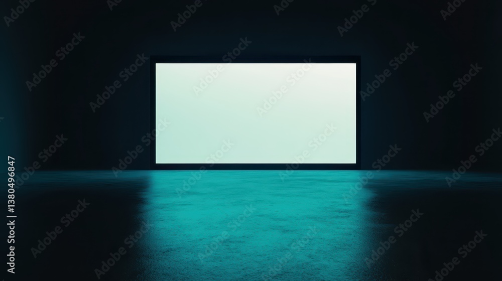 A spacious room features a large, blank screen glowing with soft light. The dim environment enhances the focus on the screen, inviting creativity and contemplation