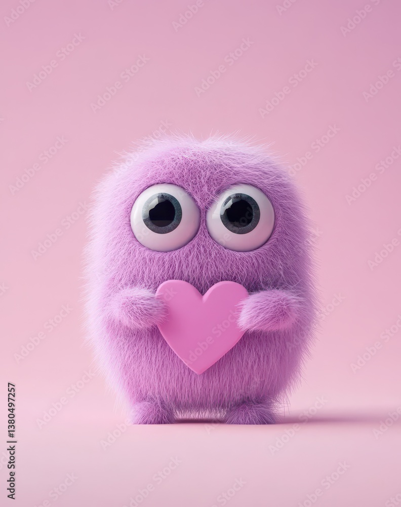 A fluffy purple character with large eyes is holding a pink heart, set against a smooth pastel pink background. The character exudes a friendly and playful vibe perfect for conveying love A fluffy purple character with large eyes is holding a pink heart, set against a smooth pastel pink background. The character exudes a friendly and playful vibe perfect for conveying love