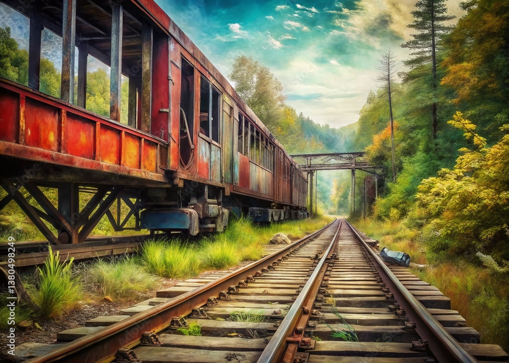 Naklejka premium Panoramic View of Abandoned Red Train Car on Overgrown Tracks Under Rustic Forest Bridge