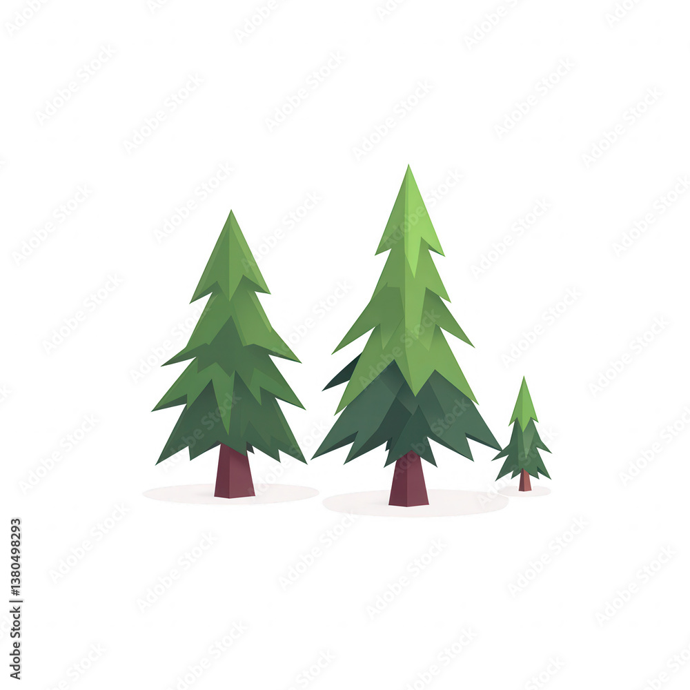 A set of three stylized evergreen trees on a white background. The design features vibrant green foliage and brown trunks, creating a minimalistic yet eye-catching visual. A set of three stylized evergreen trees on a white background. The design features vibrant green foliage and brown trunks, creating a minimalistic yet eye-catching visual.