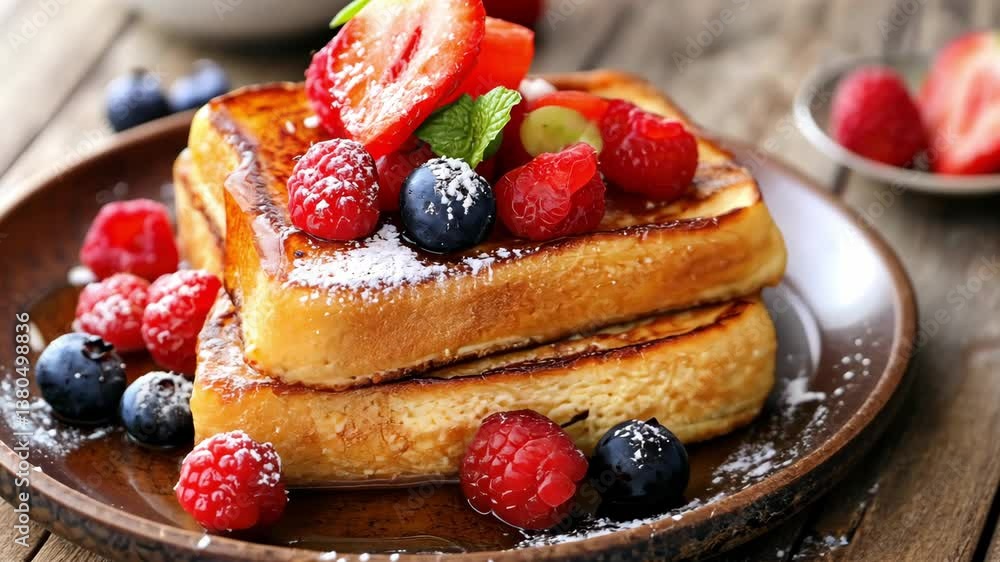 Delicious French Toast with Fresh Berries and Syrup on Wooden Table Delicious French Toast with Fresh Berries and Syrup on Wooden Table
