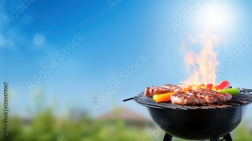Delicious steaks and vibrant bell peppers are sizzling on the grill, with flames dancing high against a clear blue sky. It’s a perfect day for outdoor cooking and enjoying time with friends