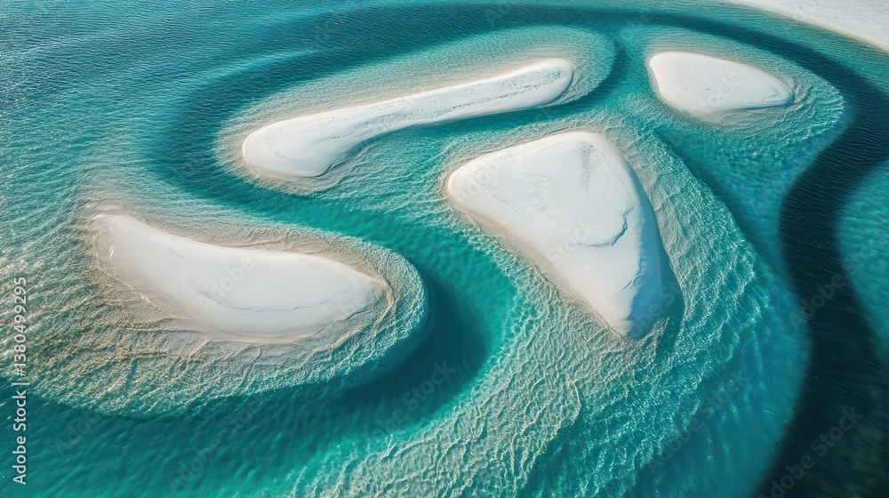 Obraz premium Aerial shot of winding shallow waters forming intricate shapes around white sandbanks,clarity offering breathtaking depth,colors ranging from pale cyto deep turquoise, soft reflections shimmering