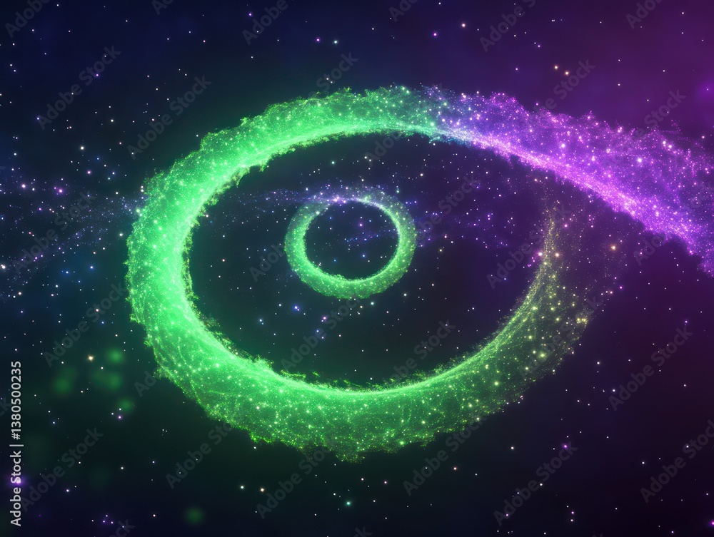 Obraz premium A neon green and purple spiral of digital particles with a smooth glowing effect, set in a vast dark background full of twinkling stars