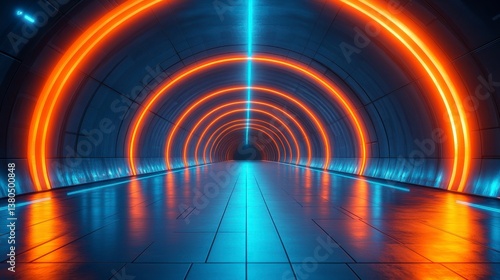 Glowing tunnel. Arches of orange light and lines of blue lead to a distant point