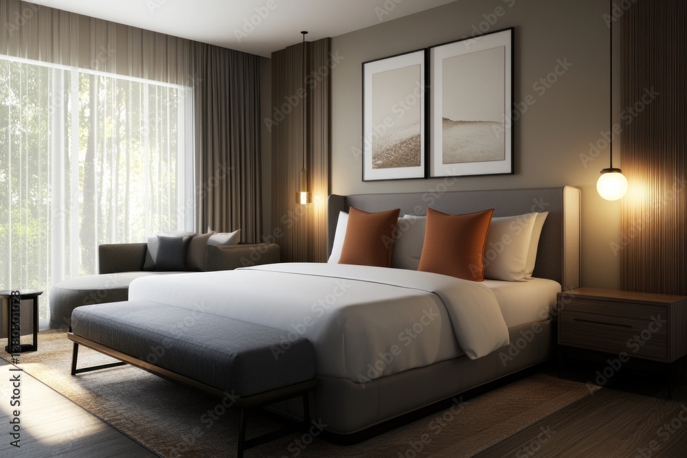 Fototapeta premium A modern bedroom with a comfortable bed and sofa set