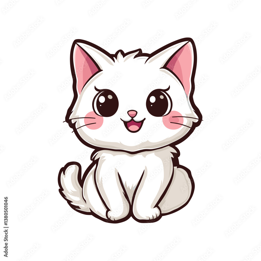 Obraz premium Cute Cartoon Cat Vector Illustration with Happy Expression. Adorable cartoon cat with big eyes and a joyful expression captured in a playful vector illustration. The happy feline features a white fur 