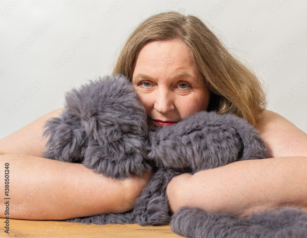 Frau genießt in einer Kaninchenfell Pelz Jacke