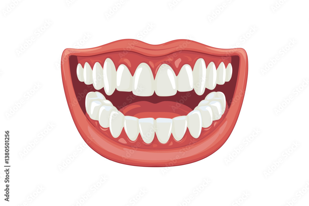 Naklejka premium Cartoon Open Mouth with Clean Teeth Vector Illustration. Cartoon illustration of an open mouth with clean, white teeth. The detailed image shows upper and lower teeth in a healthy, animated style