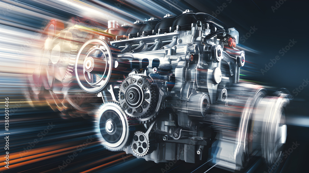 Obraz premium High-speed motion blur of a modern car engine showcasing intricate mechanical components