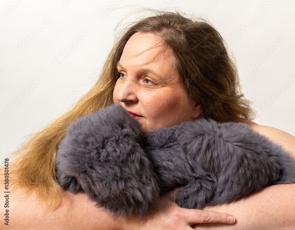 Frau genießt in einer Kaninchenfell Pelz Jacke