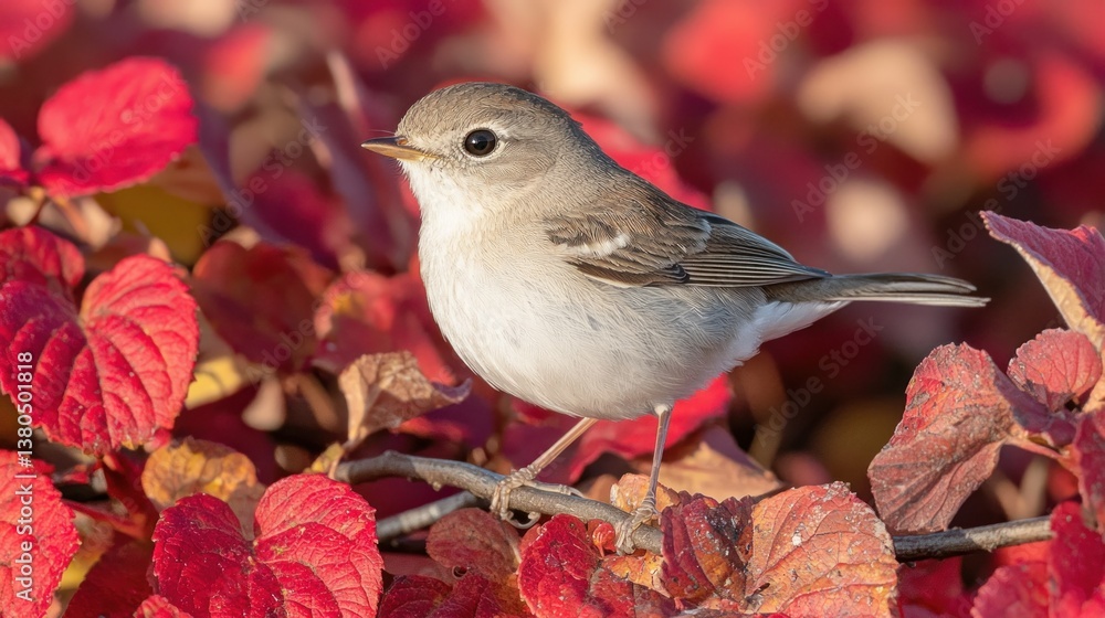 Fototapeta premium Autumnal Delight: A tiny songbird perched amidst vibrant red foliage, a picturesque scene of nature's beauty during fall.
