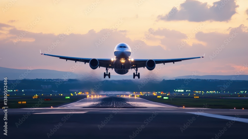 Fototapeta premium An airplane ascends into the evening sky, taking off from the runway of a bustling airport. The backdrop features a stunning sunset with vibrant colors illuminating the clouds