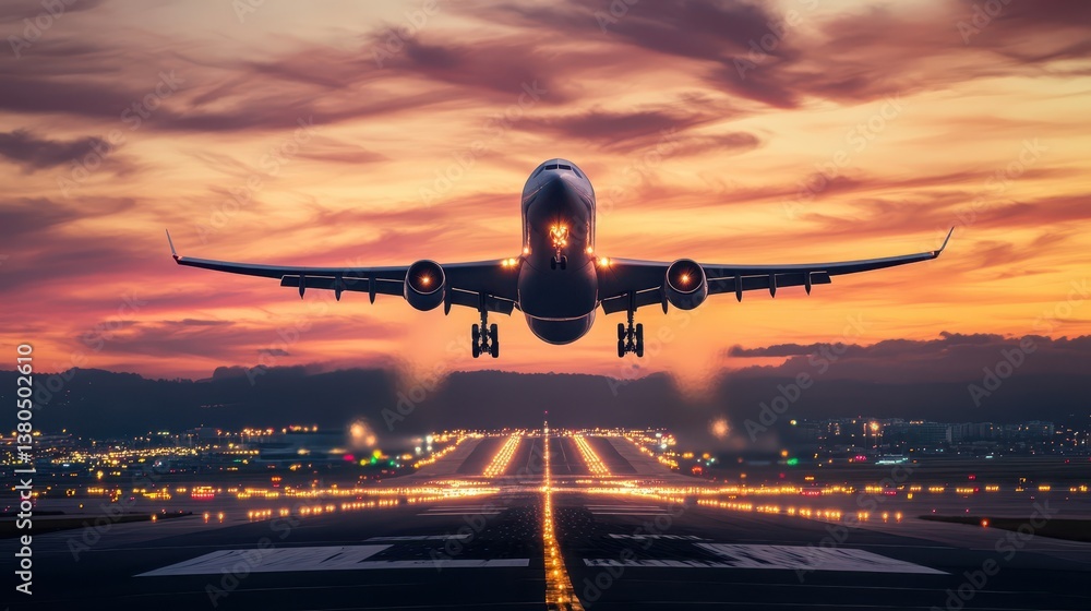 An airplane ascends into the sky during sunset, with vibrant colors illuminating the horizon and the runway lights glowing below. The atmosphere is dynamic and alive An airplane ascends into the sky during sunset, with vibrant colors illuminating the horizon and the runway lights glowing below. The atmosphere is dynamic and alive