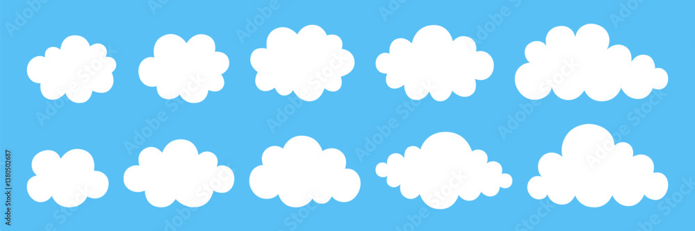 Set of cartoon clouds on blue sky background. Cute and simple white puffy cloud. Vector illustration in flat style. Set of cartoon clouds on blue sky background. Cute and simple white puffy cloud. Vector illustration in flat style.