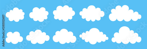 Set of cartoon clouds on blue sky background. Cute and simple white puffy cloud. Vector illustration in flat style.