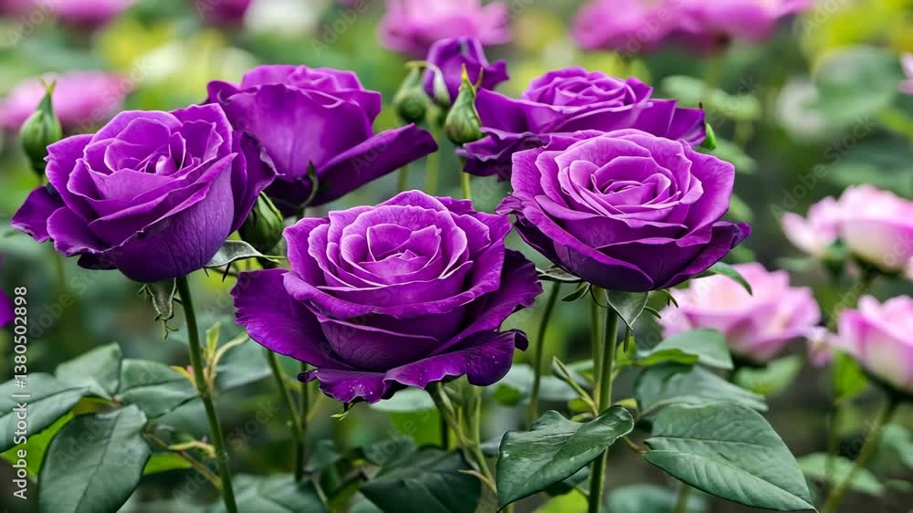 Purple roses garden swaying in the wind in cinematic shot. Video Purple roses garden swaying in the wind in cinematic shot. Video