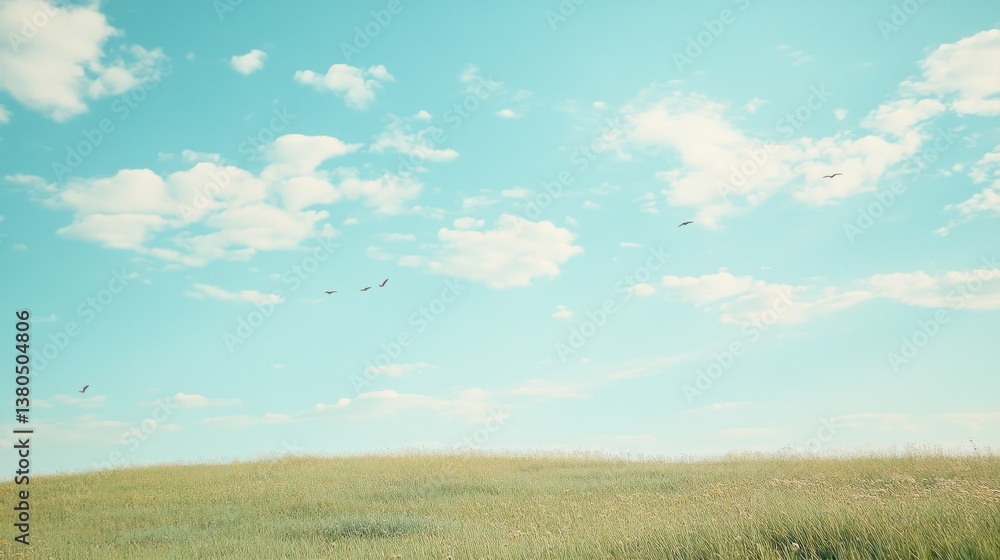 Birds flying over a green field beneath a blue sky Birds flying over a green field beneath a blue sky