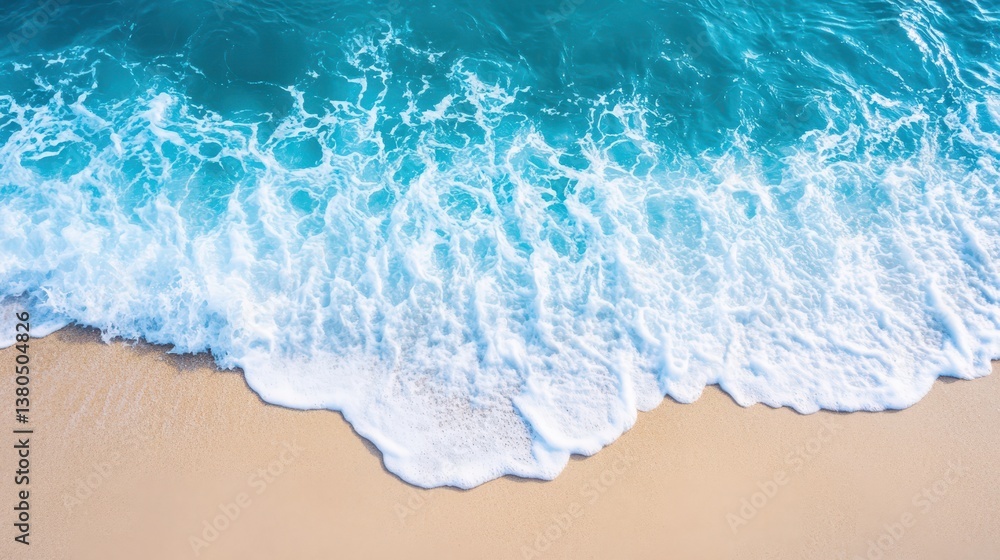 Soft waves roll onto a golden sandy beach, creating a vibrant contrast with the turquoise water. The sun shines brightly, enhancing the serene coastal atmosphere Soft waves roll onto a golden sandy beach, creating a vibrant contrast with the turquoise water. The sun shines brightly, enhancing the serene coastal atmosphere