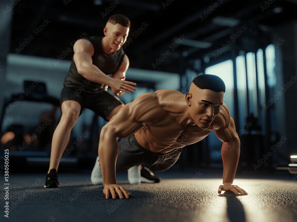 Muscular man pushes up trainer assists in indoor gym fitness setting motivation details Muscular man pushes up trainer assists in indoor gym fitness setting motivation details