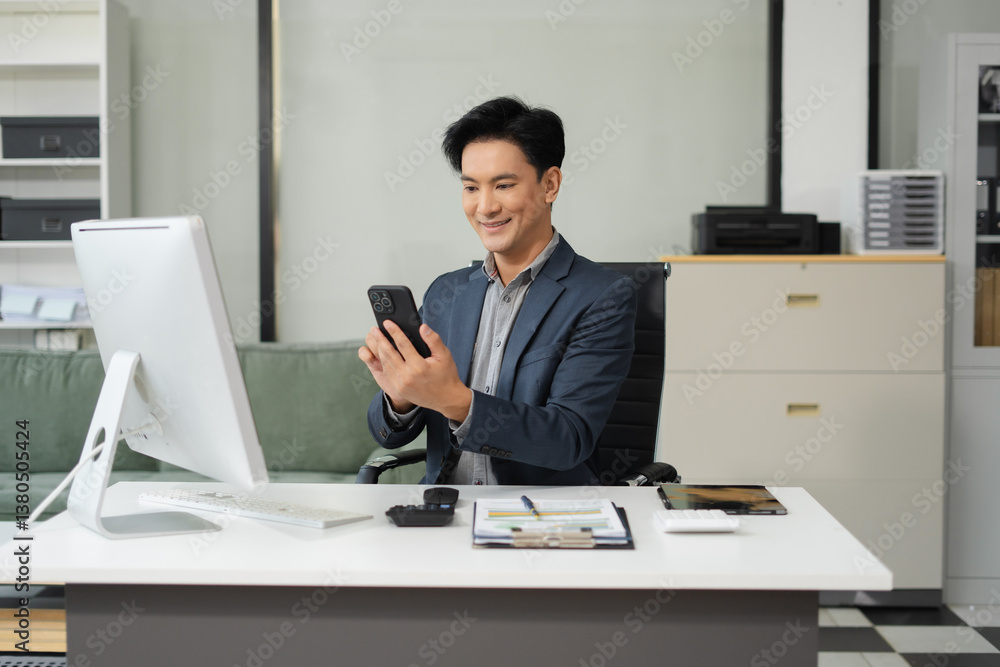 Male businessman working with smart phone at office. Male businessman working with smart phone at office.