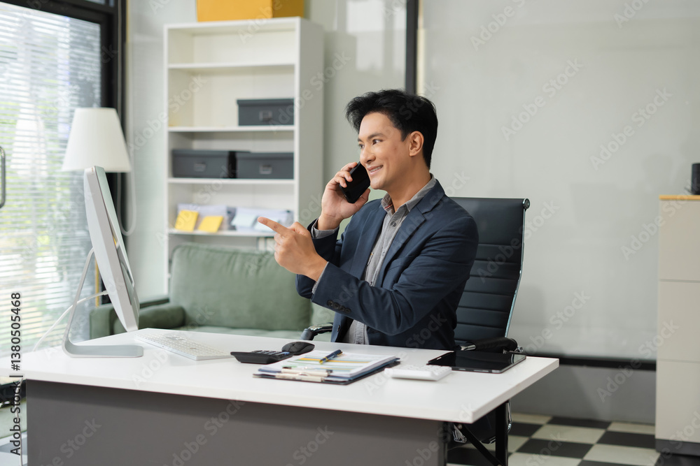 Asian Businessman sitting in office using a cellphone and laptop. Asian Businessman sitting in office using a cellphone and laptop.