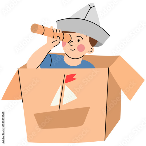 Child playing pirate in cardboard box ship. Boy wearing a paper hat and using a telescope while pretending to be a pirate in a cardboard box ship.