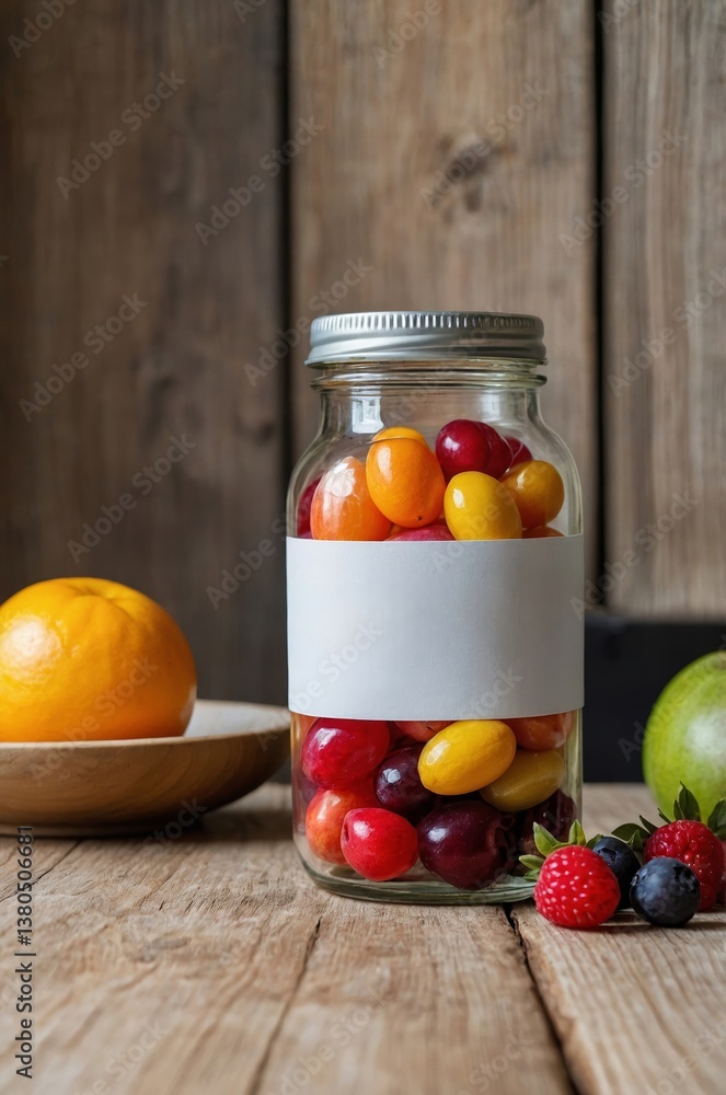 Colorful fruits in a jar displayed on a rustic wooden table with fresh fruits nearby Colorful fruits in a jar displayed on a rustic wooden table with fresh fruits nearby