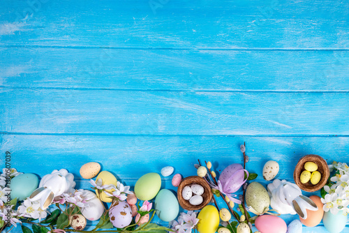 Spring Easter holiday top view flat lay background with eggs, bunny rabbits and spring flowers. Bright colorful greeting card background with copy space.
