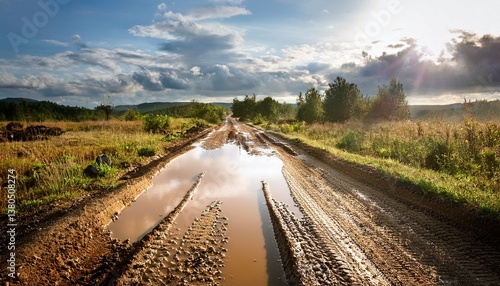 impassable dirt road with ruts and puddles