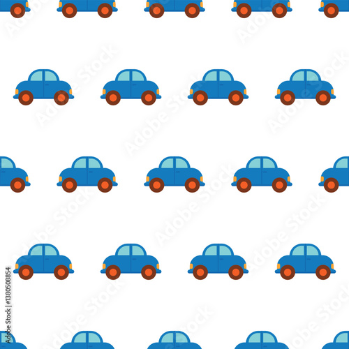 Seamless Pattern with Blue Toy Car. Repeating pattern of blue cute cars, perfect for kids’ products, textiles, backgrounds