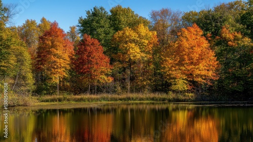 Trees adorned in vivid shades of orange, red, and yellow surround a peaceful pond, mirroring the colorful leaves under a bright blue sky in a serene forest