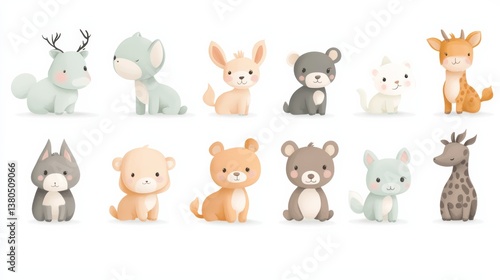 A charming book-style animal shape collection, featuring soft pastel colors and playful designs of baby animals, isolated on white,