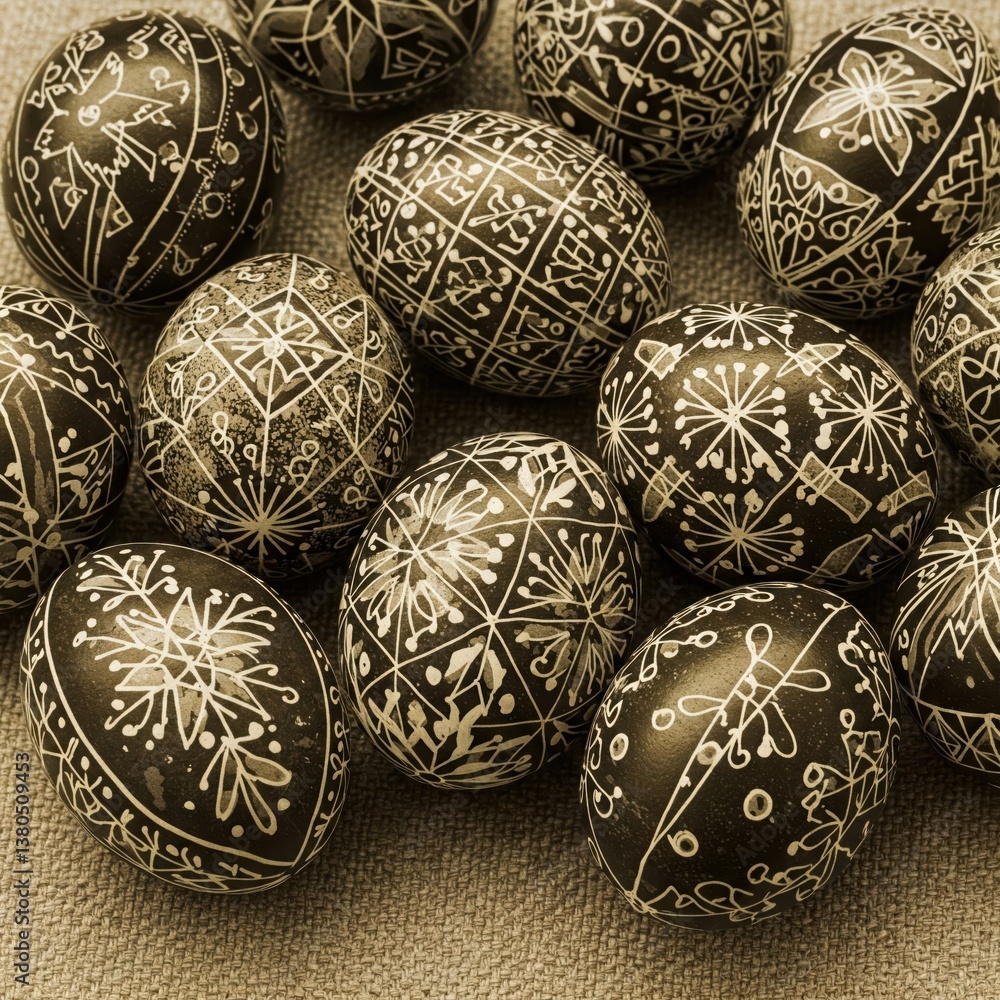 Cultural Egg Display on Rustic Linen Background Cultural Egg Display on Rustic Linen Background