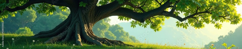 Naklejka premium Majestic tree with twisted trunk and branches, tree, leaves, nature