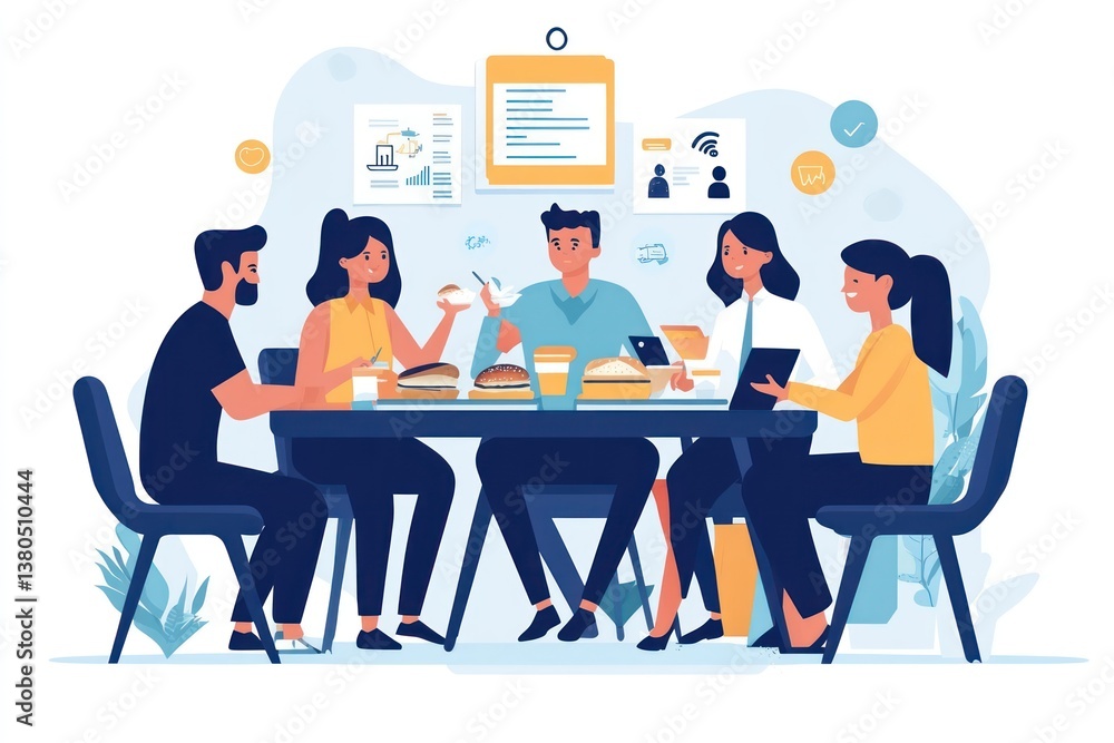 Minimalist UI illustratiof team having business lunch while discussing project ideas, flat vector Minimalist UI illustratiof team having business lunch while discussing project ideas, flat vector